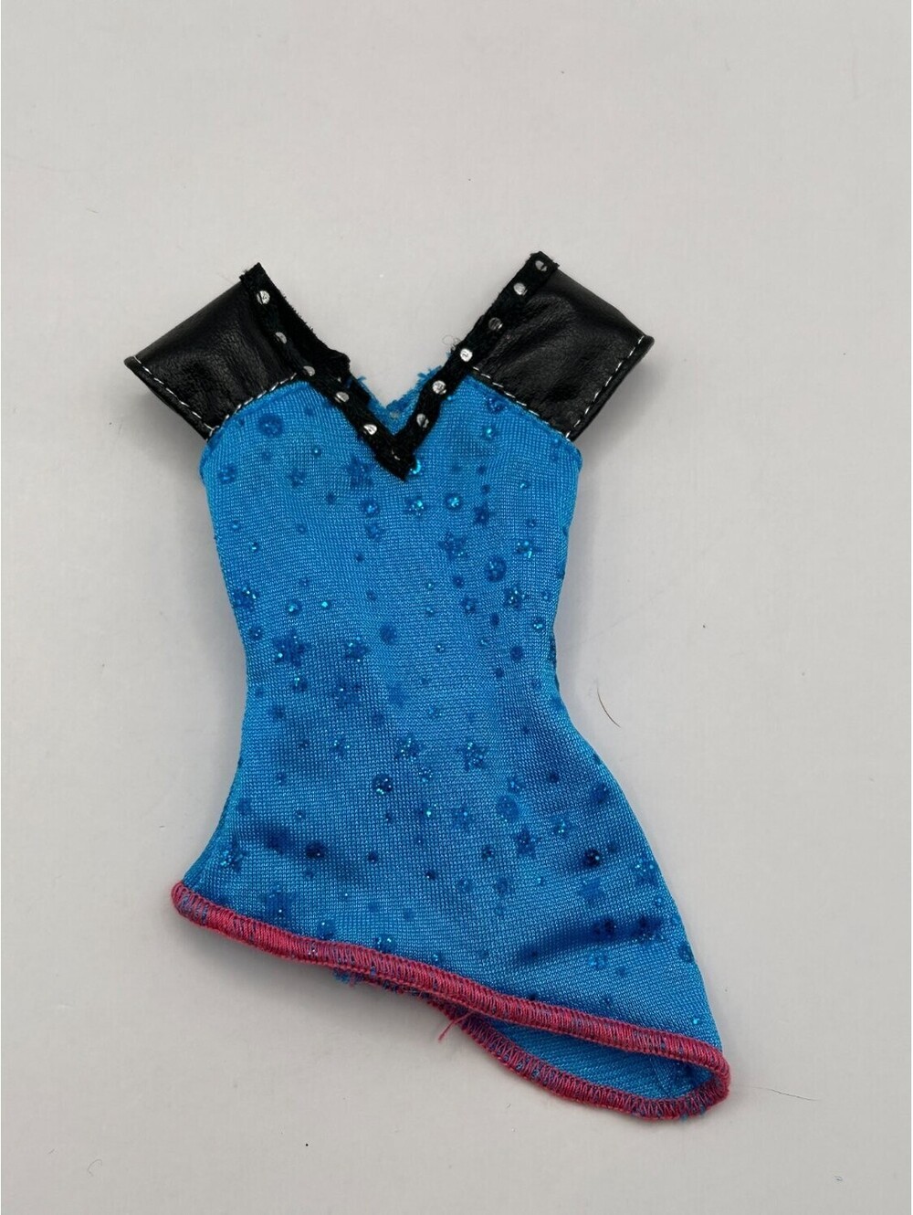 Blue Glitter Star Doll Dress Black Studded Faux Leather Shoulders Asymmetric Hem